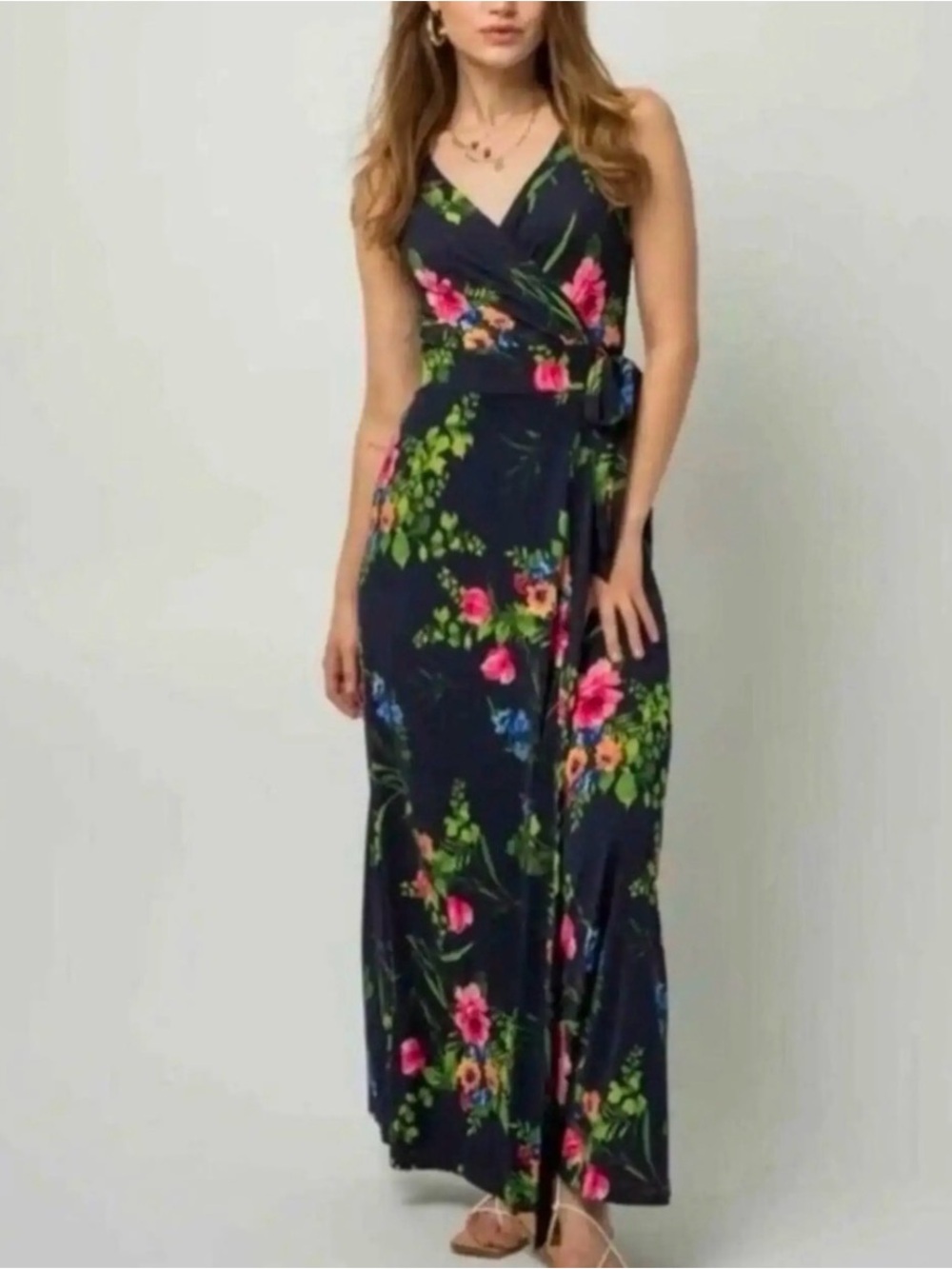 Le Lis Navy Floral Wrap Maxi Dress with Pink & Green Blooms